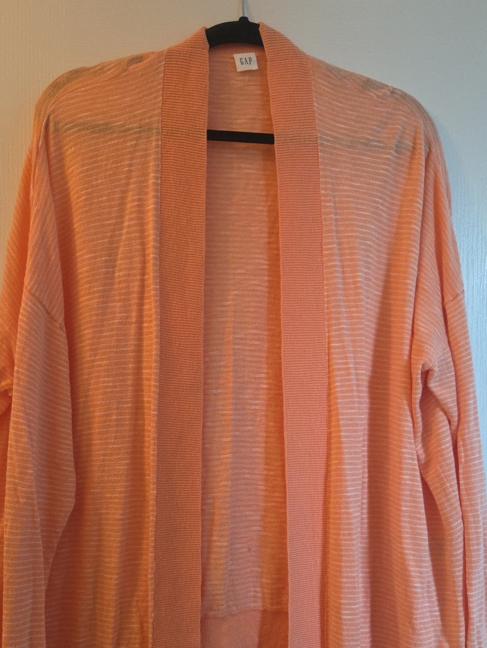 GAP Open-Front Lightweight Cardigan Sweater Coral/Peach With White Stripe XL